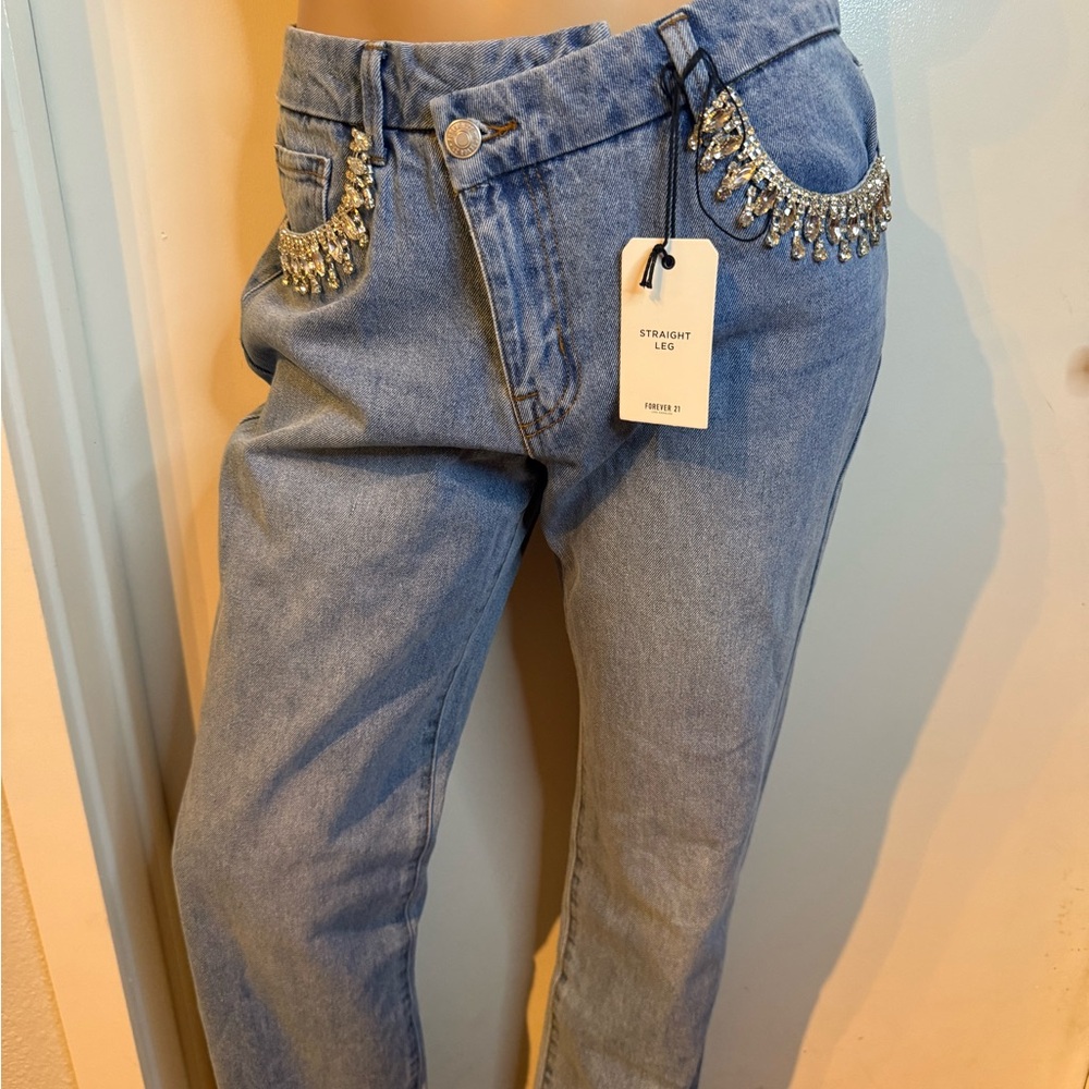 Forever 21 Jeweled Pocket Straight Leg Jeans • NWT